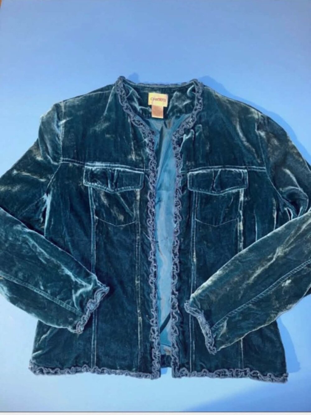 Chico's Deep Teal Crushed Velvet Ruffle-Trim Jacket